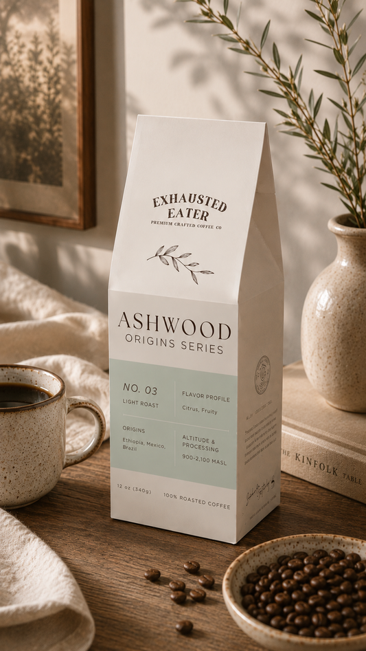 Box of Ashwood Origins Series coffee on a wooden table with coffee beans and a cup.